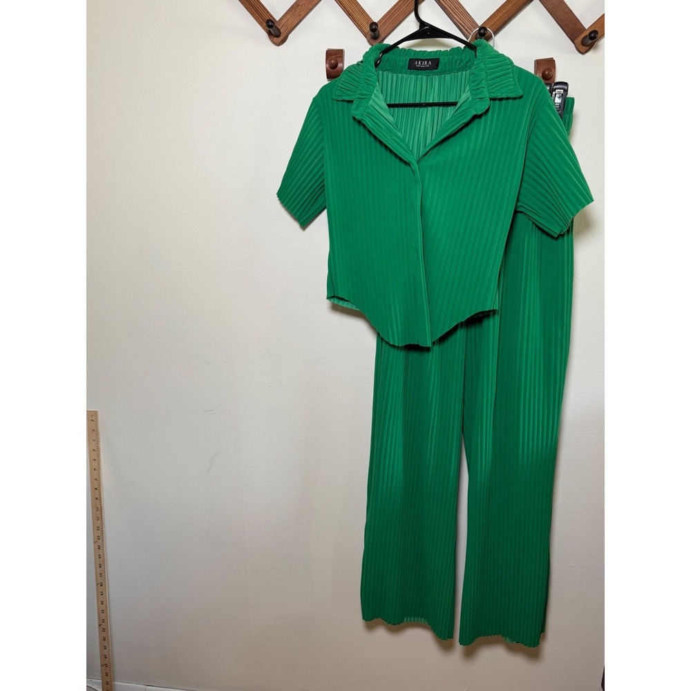 AKIRA Green Plisse Pleated Matching Set, Asymmetric Button Up & Palazzo Pants